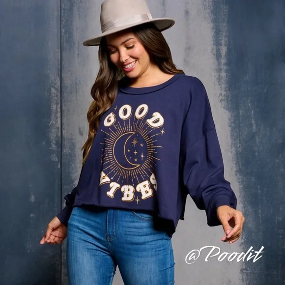 PEACH LOVE CALIFORNIA Good vibes navy blue top sz medium and large - Picture 3 of 9